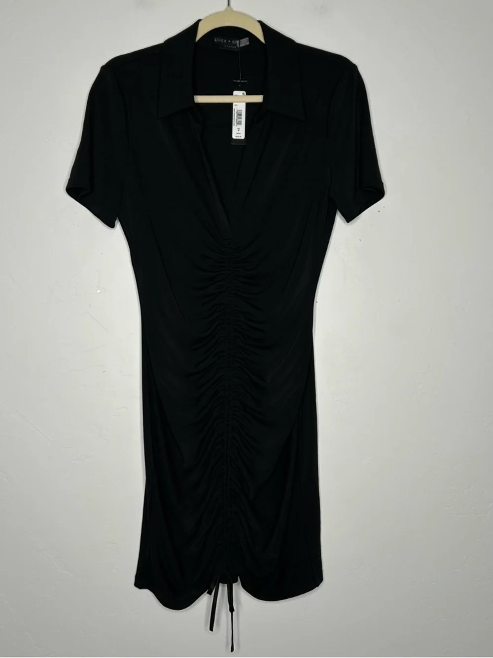 NWT Alice and Olivia Marsha Black Ruched Front Polo Mini Dress Size Medium - Picture 3 of 12